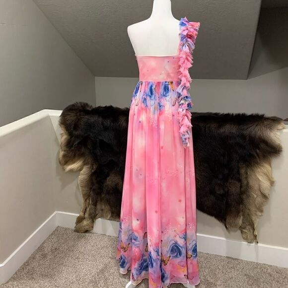 New One-Shoulder Floral Print Chiffon Gown With Beads - Picture 5 of 15